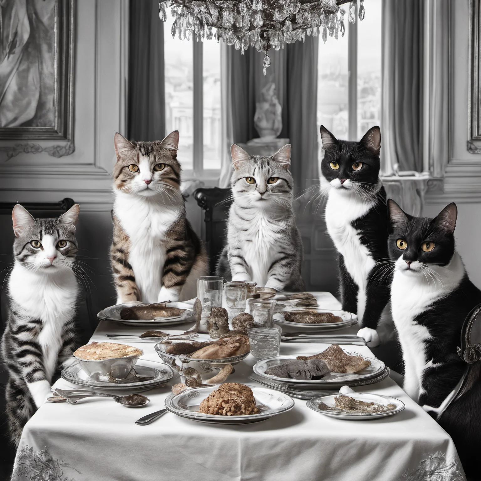 Cats having dinner, in the style of The Last Supper, detailed, realistic, 8k uhd, high quality, ((masterpiece))