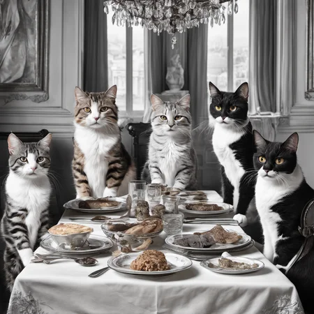 Cats having dinner, in the style of The Last Supper, detailed, realistic, 8k uhd, high quality, ((masterpiece))