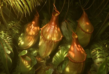 score_9, score_8_up, score_7_up, score_6_up, score_5_up, score_4_up, source_anime, morimee_style, volumetric lighting, pitcher carnivorous plant, jungle background,