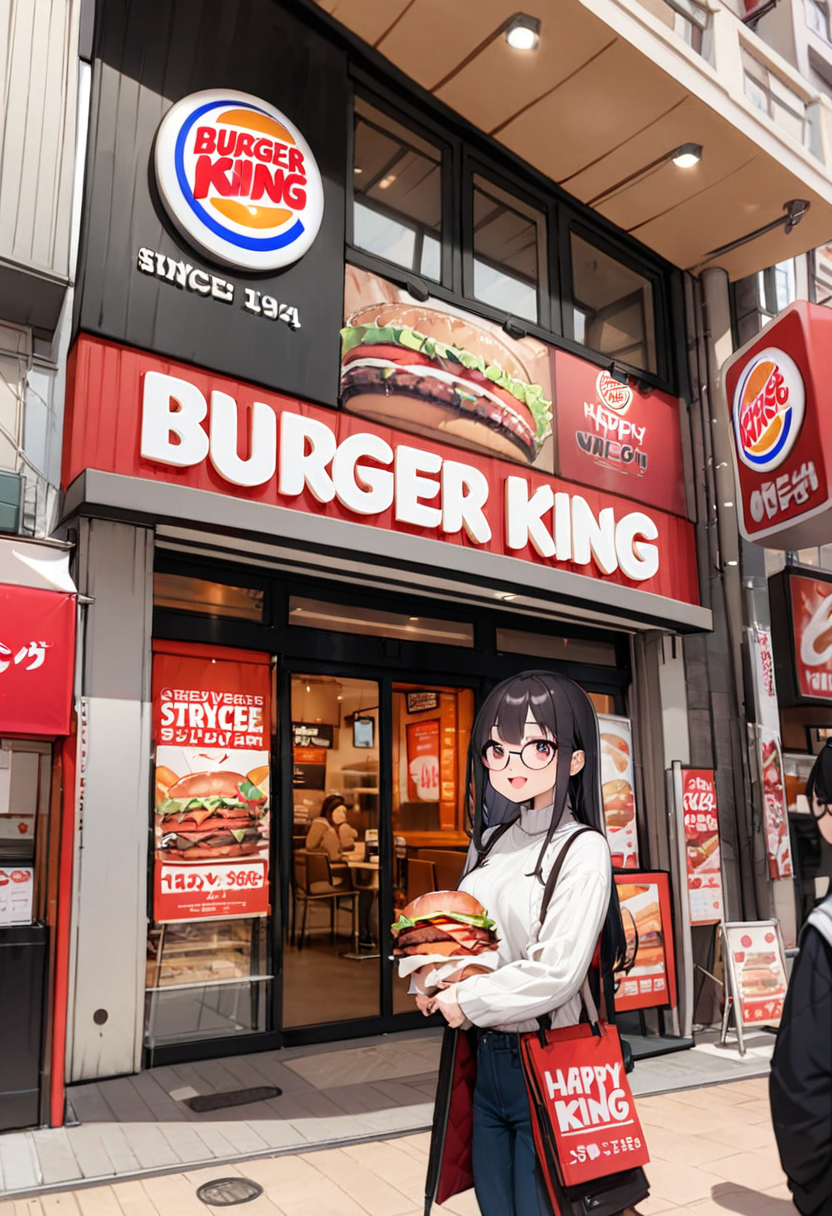 masterpiece, best quality, very aesthetic, absurdres, 
1girl, solo, glasses, black hair, long hair, white ribbed sweater, happy, smile, looking at viewer, open mouth, solo focus,
burgerking, scenery, storefront, food, shop, burger, outdoors, sign, road, street, building,
 <lora:burgerking_SDXL_V1:0.8>
