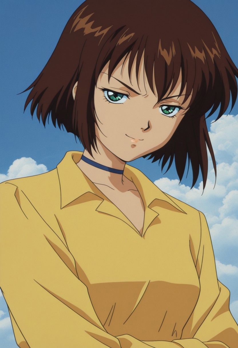 masterpiece, best quality, source_anime,official art,perfect_anatomy,1990s_\(style\),retro_artstyle,(higgins saz:1.2), 1girl, green eyes,short hair, brown hair, white skin,choker, yellow shirt, collared shirt, long sleeves,looking_at_viewer,v-shaped eyebrows,half-closed eyes,smile,upper body,day,blue_sky,cloud