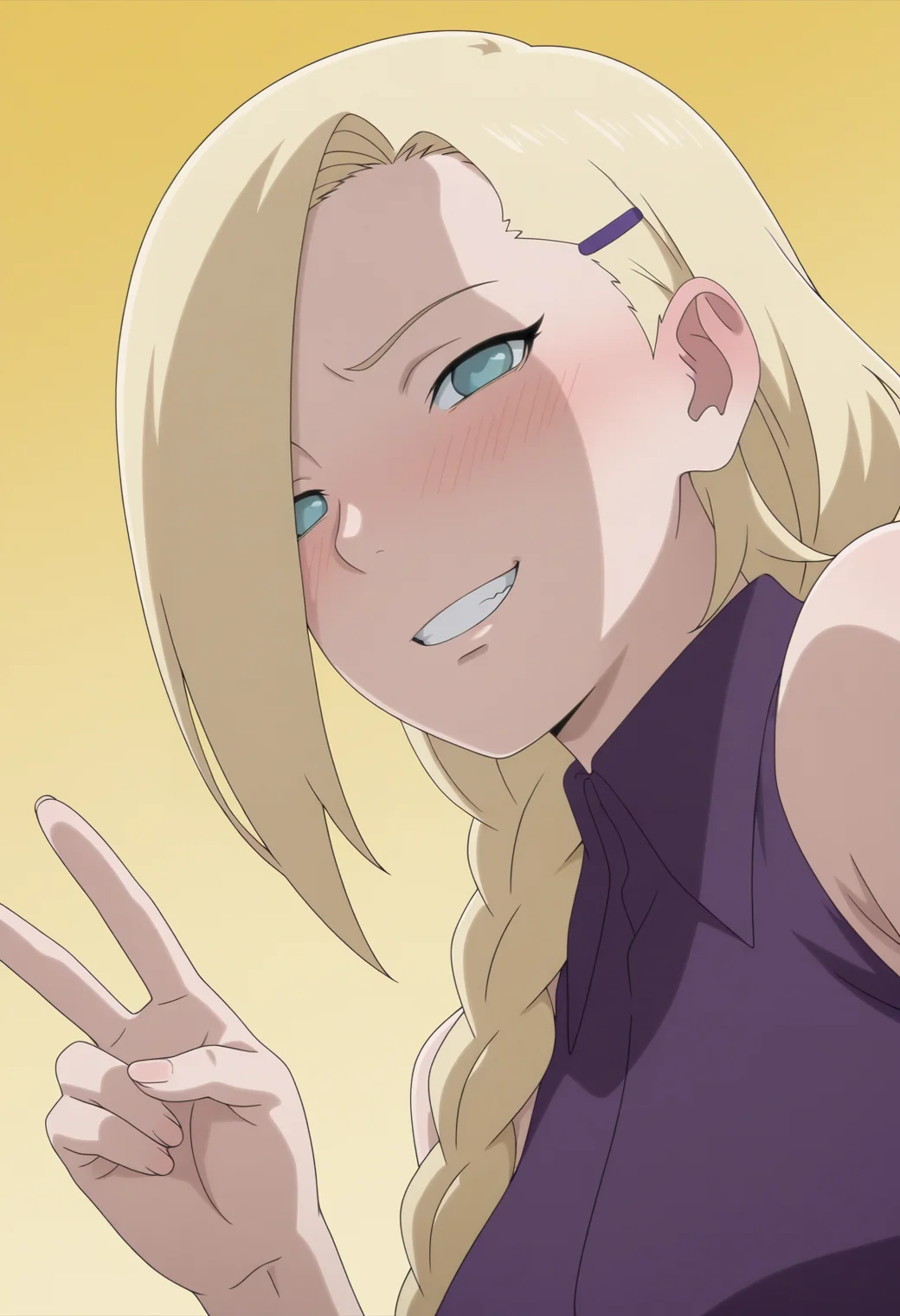 masterpiece, best quality, amazing quality, anime coloring, anime screencap, 1girl, mature female, <lora:DX888InoIL:1> yamanaka ino, blonde hair, blue eyes, hair over one eyes, hair down, very long hair,hairclip, hair over shoulder, twin braids, evil grin, blush, half-closed eyes, BREAK yellow background gradient background, v, from below,