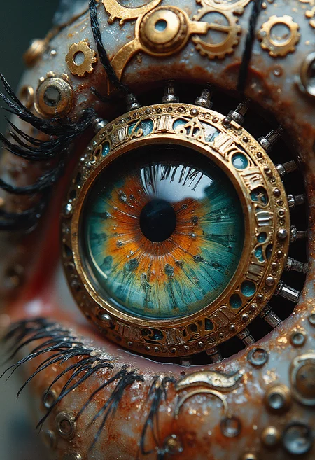 A beautifully detailed steampunk-inspired eye where the pupil is a brass-rimmed clock, its Roman numerals etched into a spinning gear system. The iris is a fusion of deep amber and emerald green, resembling polished gemstones. Tiny, silver pistons and rotating cogs extend outward from the pupil, subtly moving in rhythmic precision. The surrounding skin has a slightly metallic sheen, with tiny rivets and embossed filigree patterns, evoking a Victorian-era timepiece fused with organic life.