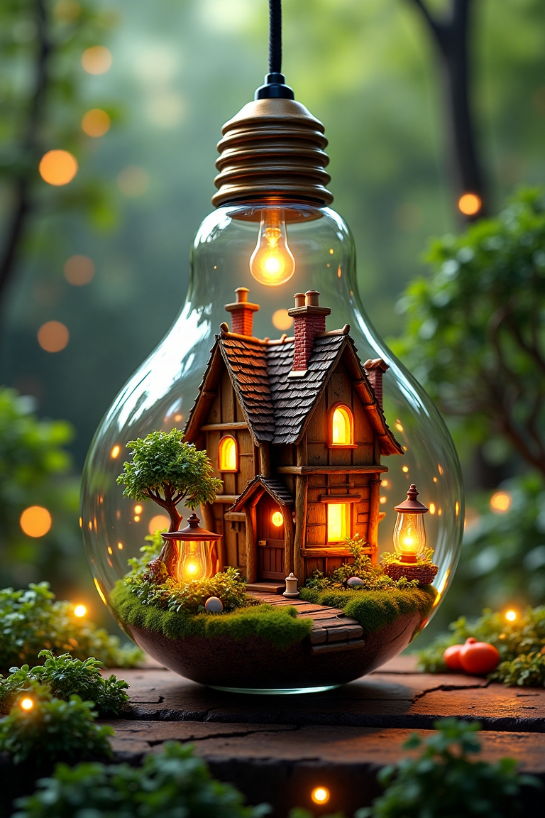 captivating scene featuring a whimsical house encased within a glass lightbulb, exuding a sense of magic and wonder. The house, crafted with intricate detail, showcases rustic architectural elements such as wooden beams and charming, warm-lit windows. Surrounding the house are lush greenery and a tree that seems to blend seamlessly into the glass, adding an organic touch. The scene is illuminated by soft, golden lights emanating from lanterns and the warm glow from the windows, creating a cozy ambiance. The background hints at a serene natural setting with blurred greenery, enhancing the focus on the lightbulb structure. This composition combines fantasy with hyper-realistic details, reminiscent of fairy tale illustrations. The mood evokes a sense of enchantment and tranquility. Style influences include realism blended with magical realism, using digital art techniques to achieve fine textures and depth. The color palette features earthy tones balanced with vibrant greens and warm yellows, creating a harmonious visual contrast. Ideal for a fantasy art collection or an imaginative design project