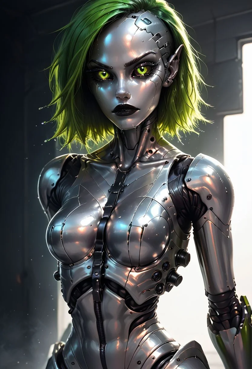 Alien, Score_9, score_8_up, score_7_up, realistic art style, photorealism, android girl, gray metallic skin, grey metallic body, robot body, (green hair), hair covers on one side of the head, opposite sides of the head shaved, girl, portrait, (black sclera), (green iris), green eyes, cybernetic lines across the face and body, panel lines, goth punk, cute, medium chest, slight cleavage, full colour, mech armour, android augmentation, wide angle, skin detail, wet, exoskeleton, sweat glistening, dynamic lighting, dramatic lighting, pretty face, covered in thick sweat, small round breasts, breasts together, cleavage, metal body harness, chrome buckles, wrists tied in front, arms squeezing breasts, back arched, latex catsuit, kneeling, above pov,
