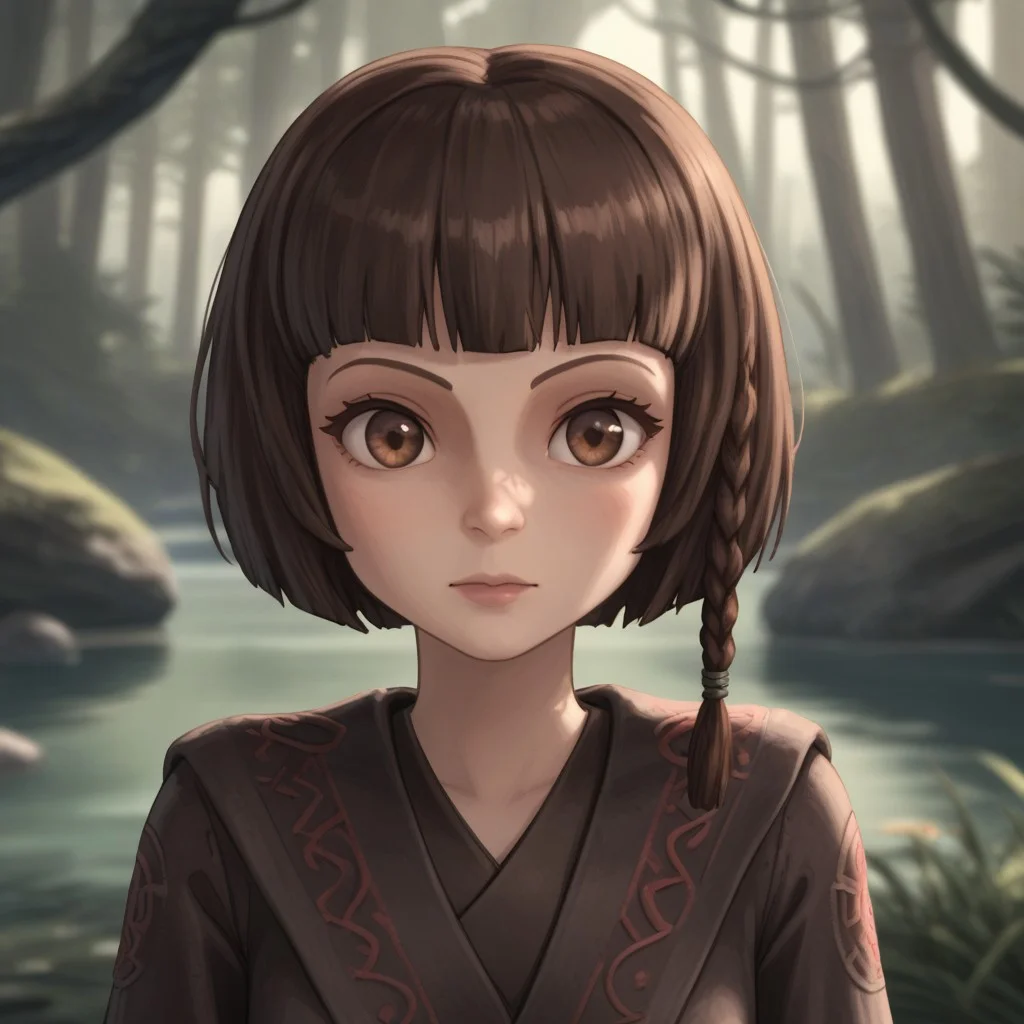 Kalifa, star wars, 1girl, jedi clothes, tunic, pale skin, puffy eyes, round face, solo, padawan braid, brown hair, brown eyes, upper body, cape, cloak, blurry, short hair, Bob cut, blurry background, science fiction, forest, grass, creek, stone