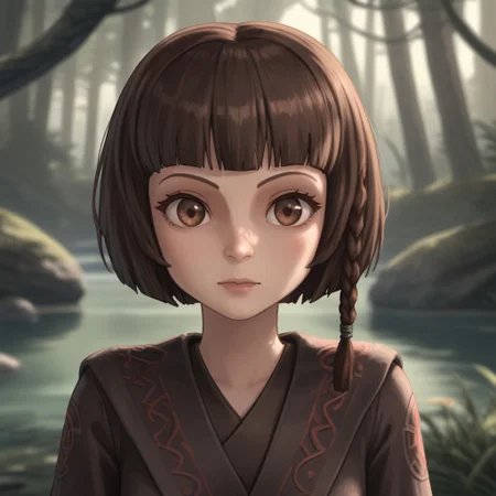 Kalifa, star wars, 1girl, jedi clothes, tunic, pale skin, puffy eyes, round face, solo, padawan braid, brown hair, brown eyes, upper body, cape, cloak, blurry, short hair, Bob cut, blurry background, science fiction, forest, grass, creek, stone
