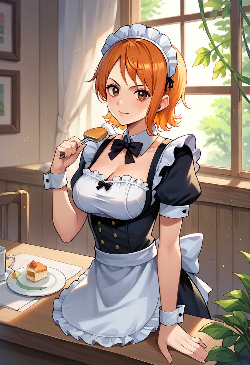 score_9, score_8_up, score_7_up, score_6_up, score_5_up, score_4_up, namiskypiea, maid, orange hair, brown eyes, looking at viewer, <lora:NamiSkypiea_v3_1:1>