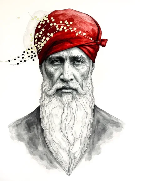 Chris Luha art.
This is a highly detailed, realistic drawing of an elderly man with a long, flowing beard and mustache, rendered in pencil and ink. The subject's face is deeply lined and weathered, suggesting a life of hardship and age. His eyes are a piercing blue, with a hint of sadness and wisdom. He wears a vibrant red headscarf wrapped around his head, adorned with a delicate, almost ethereal arrangement of leaves, giving it an otherworldly touch. <lora:Chris_Luka:1>