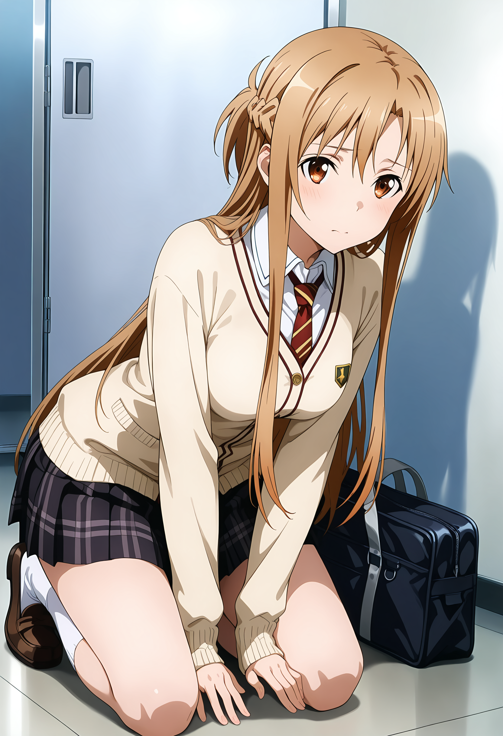 <lora:sdxl-sao-asuna-pony:0.8> asuna, sao, 1girl, solo, brown eyes, brown hair, long hair, bangs, medium breasts, french braid, face focus,kneeling,clasroom,
<lora:sh_school_uniform:0.5>school uniform, sh_school_uniform,black skirt, bow, cardigan,loafers,striped necktie, long sleeves, plaid skirt, pleated skirt, sweater,white shirt,white socks, school bag,
score_9,score_8_up,score_7_up,source_anime,masterpiece,best quality,amazing quality,ultra detailed, very aesthetic,absurdres,skinny,general,highres, ultra-detailed,