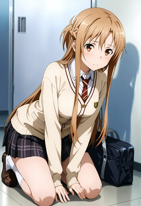 <lora:sdxl-sao-asuna-pony:0.8> asuna, sao, 1girl, solo, brown eyes, brown hair, long hair, bangs, medium breasts, french braid, face focus,kneeling,clasroom,
<lora:sh_school_uniform:0.5>school uniform, sh_school_uniform,black skirt, bow, cardigan,loafers,striped necktie, long sleeves, plaid skirt, pleated skirt, sweater,white shirt,white socks, school bag,
score_9,score_8_up,score_7_up,source_anime,masterpiece,best quality,amazing quality,ultra detailed, very aesthetic,absurdres,skinny,general,highres, ultra-detailed,