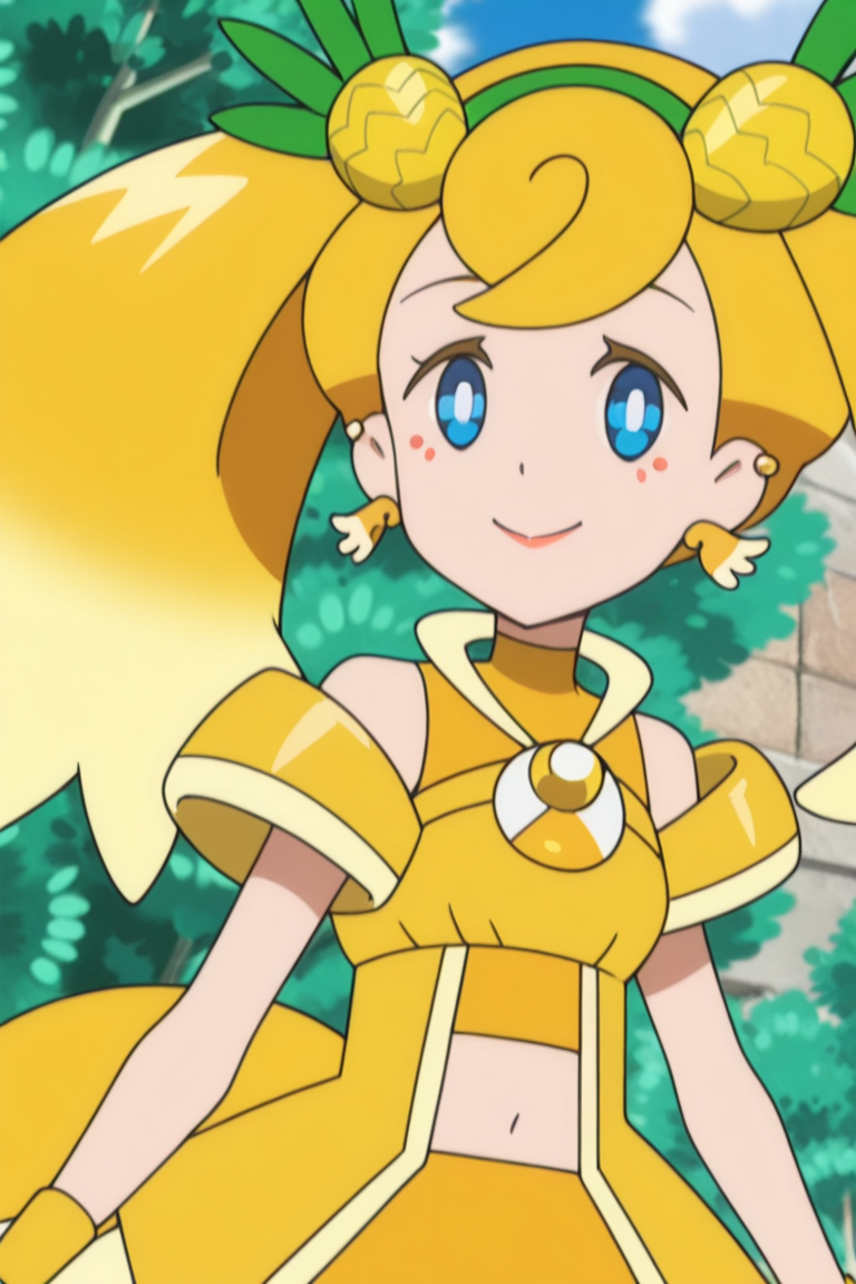 1girl,outdoors, looking at viewer, smile, upper body, 
 <lora:lana_scho_magi_1:1> mag3ca gir7l,
la7na mag3cal,blue eyes,yellow hair,two ponytails,green headband with pineapples,yellow wings earrings,makeup,yellow dress,yellow wristbandsmidriff, yellow short pants,yellow tail,, masterpiece, high quality, absurdres, best quality, very aesthetic, newest,