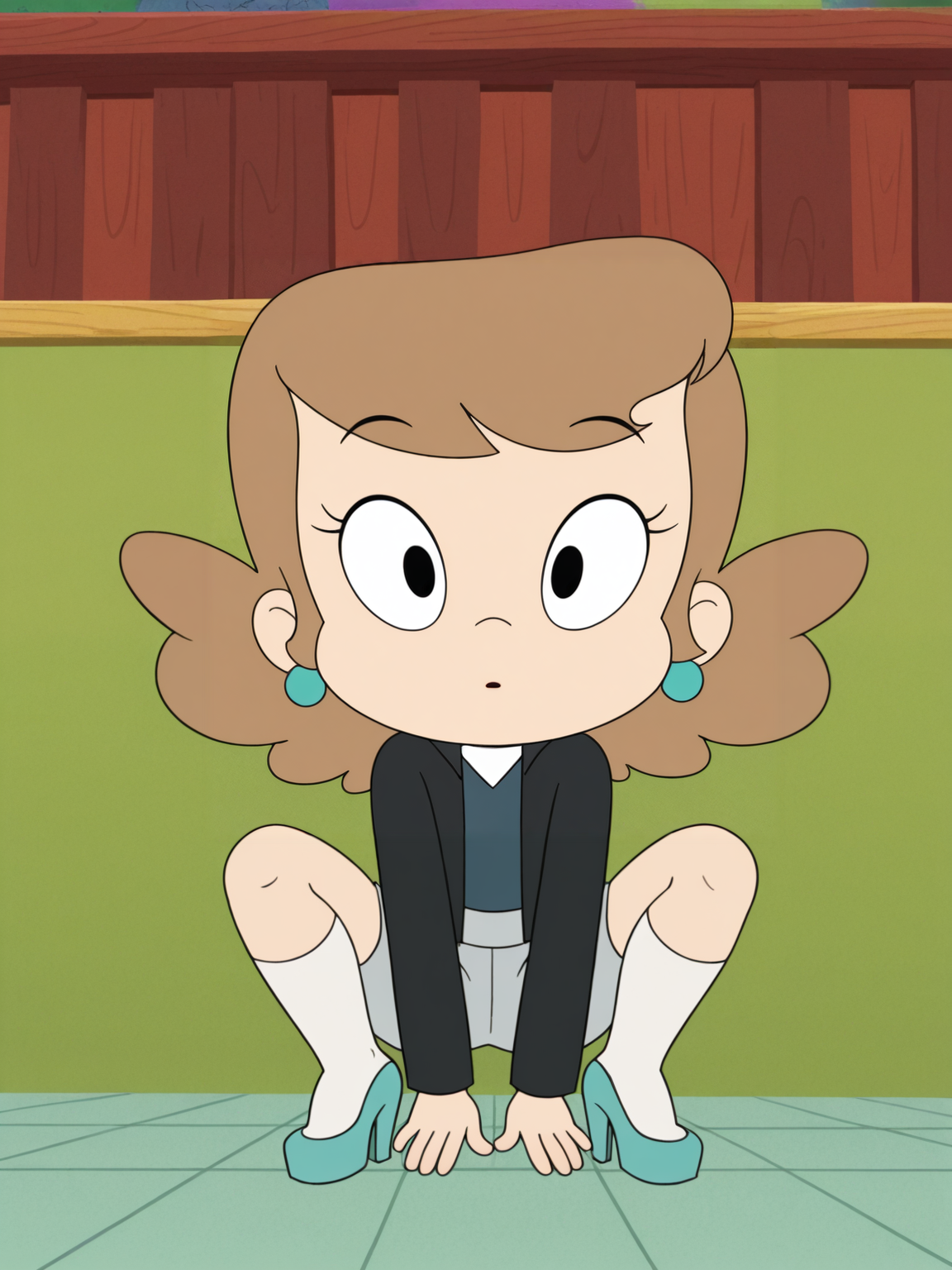 <lora:FrufruIL:0.8> f_u, 1girl, short hair, fair hair, bangs, black eyes, earrings, jacket, vest, shirt, pants, knee socks, shoes,
looking at viewer, squatting, front view, spreading legs, platform high heels