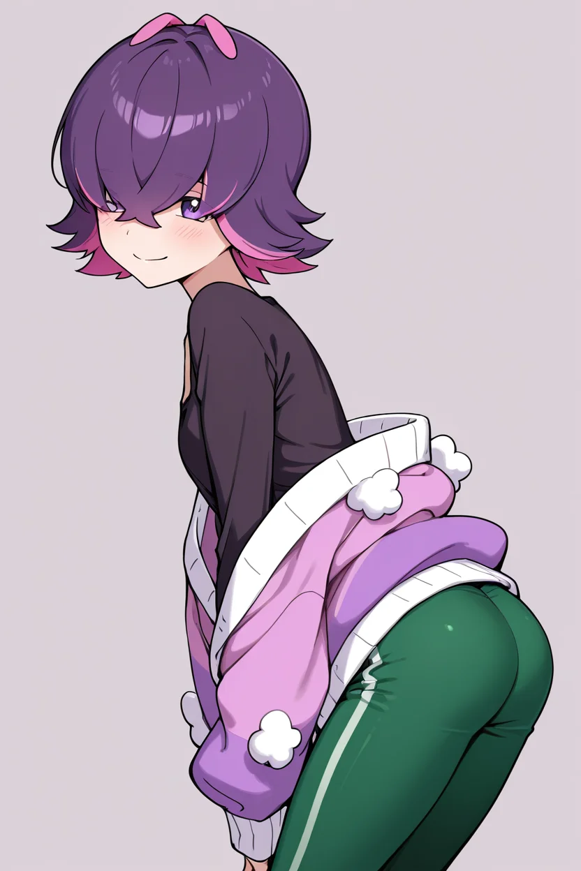 masterpiece, best quality, 1girl, solo,  aaDotPKMN, purple eyes, purple hair, pink hair, multicolored hair, two-tone hair,  short hair, hair over eyes, bangs, black shirt, long sleeves, jacket, open clothes, green pants, smile, looking at viewer,   <lora:DotPokemonIXL_v1:1.0>, side view, ass, leaning forward, cowboy shot, smile, looking at viewer, shiny skin,