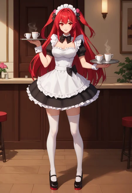 score_9, score_8_up, score_7_up, score_6_up, high definition, full body, beautiful face, 1girl, solo, amelia_rose, red hair, red eyes, maid, white thighhighs, holding tray with coffee, in cafe