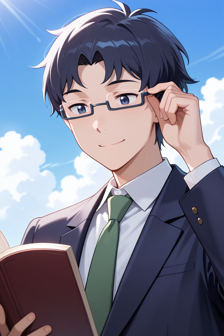 masterpiece, absurdres, newest, perfect quality, best quality, absolutely eye-catching, amazing quality, very aesthetic, high resolution, ultra-detailed, 1boy, male focus, solo, joe_kido_tri, dark blue hair, dark blue eyes, glasses, under-rim eyewear, dark blue blazer, collared shirt, white shirt, green necktie, (holding book:1.4), holding, book, reading, adjusting eyewear, smile, closed mouth, blue sky, clouds, detailed background, volumetric lighting, vibrant colors, close-up