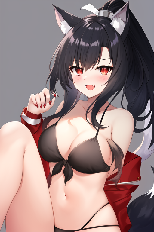 masterpiece, best quality, highres, solo, {shigure_azurlane:1.10}, animal_ears, black_hair, long_hair, wolf_ears, breasts, red_eyes, ponytail, tail, blush, wolf_tail, medium_breasts, fang, smile, open_mouth, bangs, nail_polish, animal_ear_fluff