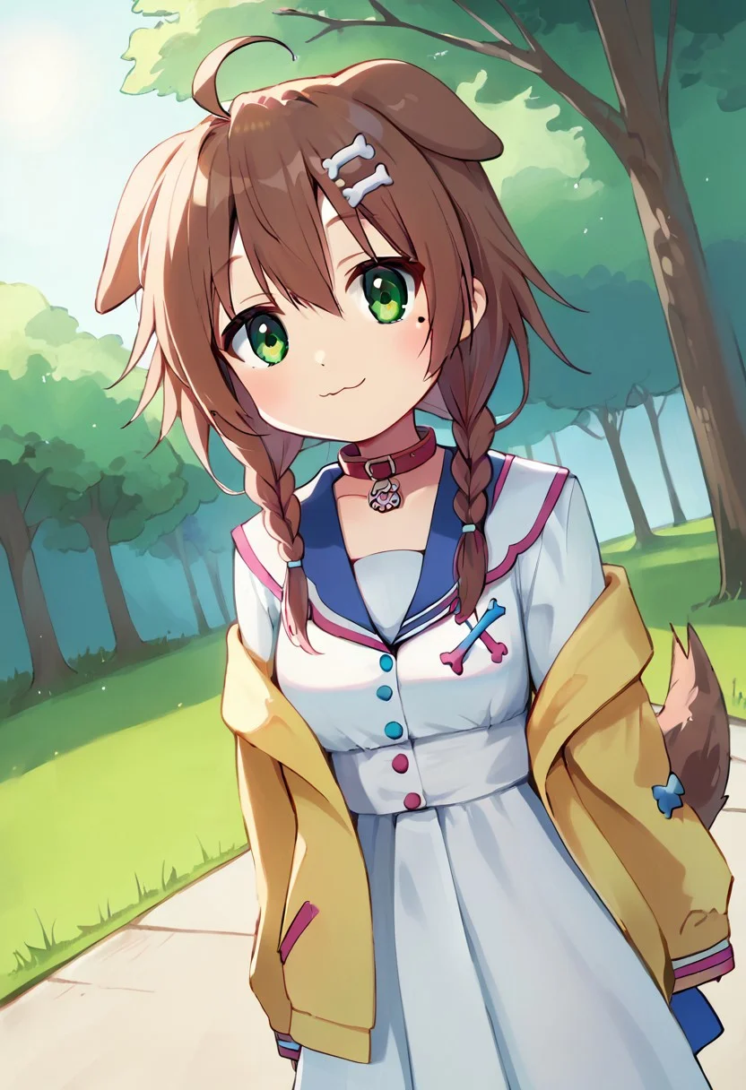 score_9, score_8_up, score_7_up,source_anime, masterpiece, ultra detailed, highres, 4k, best quality, BREAK, <lora:konata:0.7> Konata Izumi, solo, long hair, ahoge, mole, glossy hair, smooth hair, shiny hair, korone_base, yellow jacket, white dress, off shoulder, animal collar, low twin braids, bone hair ornament, dog tail, :\3, dark blue hair, outstanding, countershading, detailed soft lighting, backlighting, green eyes, looking at viewer, ultra detailed eyes, cowboy shot, park, tree, grass, dutch angle