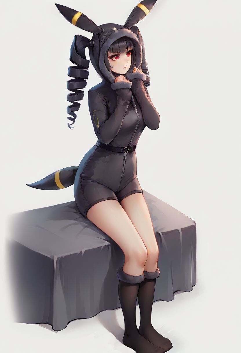 score_9, score_8_up, score_7_up, score_6_up, score_5_up, score_4_up, 1girl,  celestia ludenberg, long hair, bangs, black hair, red eyes, long sleeves, twintails, drill hair, twin drills, curvy, source_anime, ears, hood up, onesie, tail, knee high socks,  umbr30n, <lora:umbr30nXLP:0.6> full body, bedroom background, sitting on bed