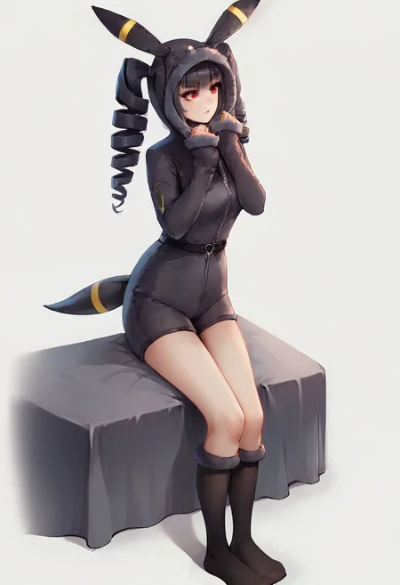 score_9, score_8_up, score_7_up, score_6_up, score_5_up, score_4_up, 1girl, celestia ludenberg, long hair, bangs, black hair, red eyes, long sleeves, twintails, drill hair, twin drills, curvy, source_anime, ears, hood up, onesie, tail, knee high socks, umbr30n, <lora:umbr30nXLP:0.6> full body, bedroom background, sitting on bed