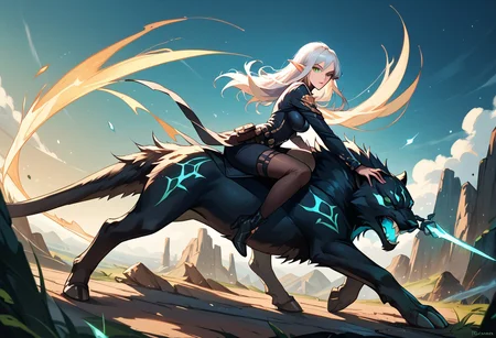 top_score, Ultra_HD_Details, score_9, score_8_up, score_7_up, score_6_up. DonM3lv3sXL, dynamic pose, unusual angle
Elven ranger with pale skin white hair and emerald eyes, pointy ears. Riding a huge black panther