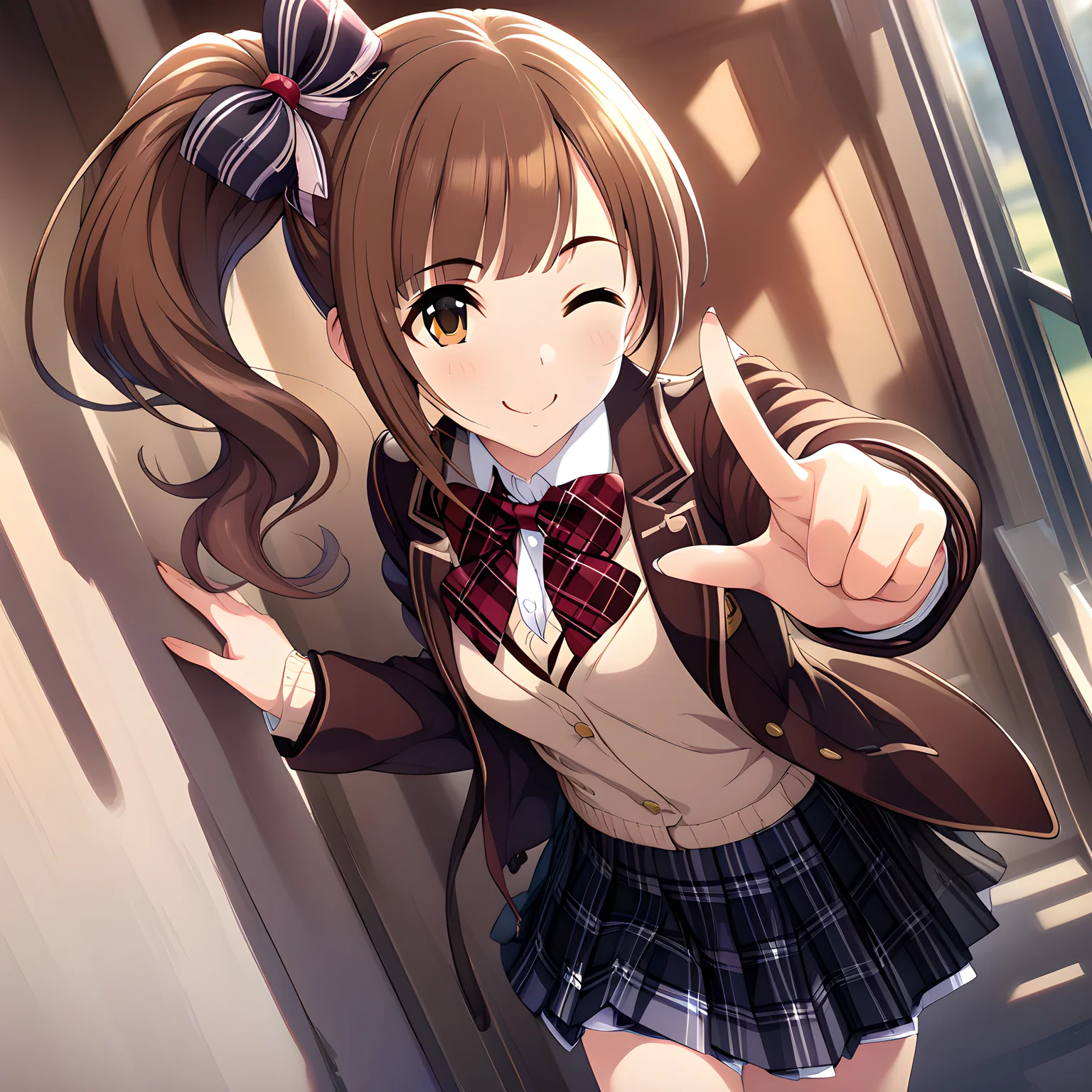 (masterpiece),(best quality),(ultra-detailed),(best illustration),(best shadow),(absurdres),(detailed background),(very aesthetic)kyoko igarashi, schooluni, one eye closed, solo, 1girl, skirt, side ponytail, brown hair, smile, school uniform, bow, jacket, brown eyes <lora:Kyoko_Igarashi__äºååµé¿å_-_The_Idolmster_Cinderella_Girls__ã¢ã¤ãã«ãã¹ã¿ã¼ã·ã³ãã¬ã©ã¬ã¼ã«ãº_SDXL_Animagine_XL_3.1:1>
