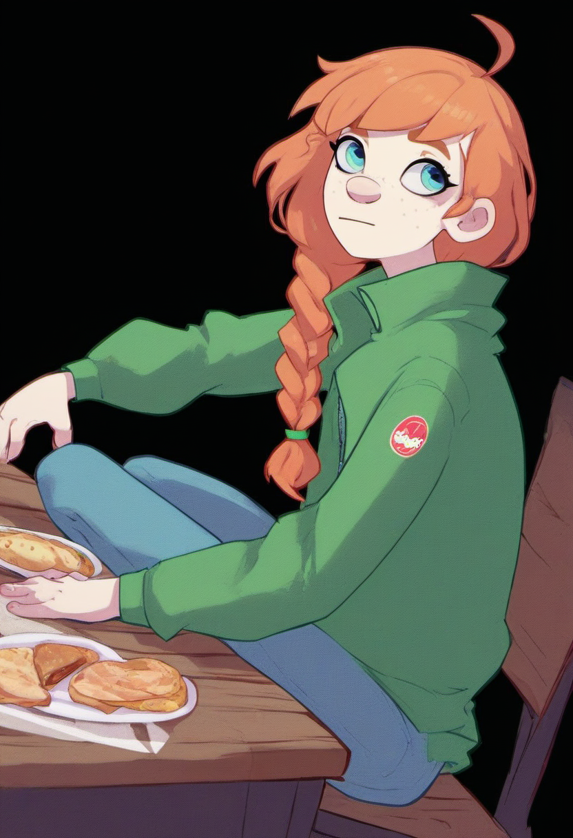source_cartoon, rating_safe,  <lora:YellowgerbilSDXL_pony:0.8> yellowgerbil, 1girl, solo, <lora:Molly_MacCormack:0.8>, green jacket, ahoge, bangs, braid, orange hair, blue eyes, sitting at a picnic table on a sunny day, score_9, score_8_up, score_7_up, score_6_up, score_5_up, score_4_up