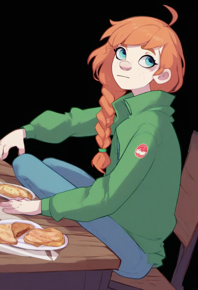 source_cartoon, rating_safe,  <lora:YellowgerbilSDXL_pony:0.8> yellowgerbil, 1girl, solo, <lora:Molly_MacCormack:0.8>, green jacket, ahoge, bangs, braid, orange hair, blue eyes, sitting at a picnic table on a sunny day, score_9, score_8_up, score_7_up, score_6_up, score_5_up, score_4_up