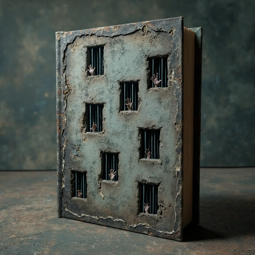 An upright book rests on display, its cover transforming into the gray, worn wall of an old prison. Rows of small, barred windows punctuate the surface, their iron grilles casting thin shadows on the stone. Eerie hands emerge from various windows, some gripping the bars, others reaching outward as if yearning for escape. The texture of the wall is gritty and cold, with dark stains and cracks adding to the tense atmosphere, creating a sense of desperation that pulls the viewer into the haunting world captured within the cover.