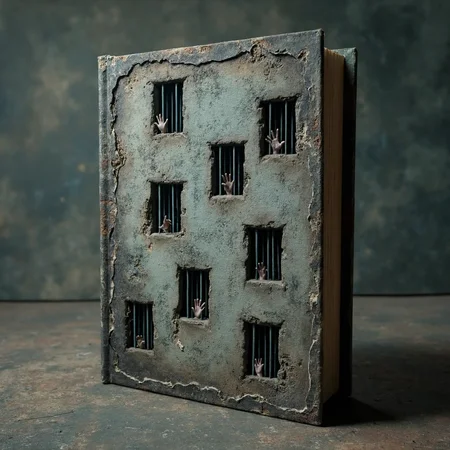 An upright book rests on display, its cover transforming into the gray, worn wall of an old prison. Rows of small, barred windows punctuate the surface, their iron grilles casting thin shadows on the stone. Eerie hands emerge from various windows, some gripping the bars, others reaching outward as if yearning for escape. The texture of the wall is gritty and cold, with dark stains and cracks adding to the tense atmosphere, creating a sense of desperation that pulls the viewer into the haunting world captured within the cover.