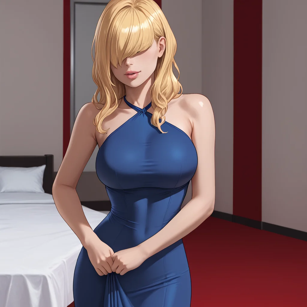 <lora:rachelfoleyresidentevil_pony_v1:.7> RachelFoley, 1girl, large breasts, blonde hair, long hair, lips, hair over eyes, hair over one eye, cowboy shot, <lora:0932 Home wear 9_v1_pony:1> ruanyi0932,blue dress,halter dress,sleeveless,cowboy shot,taut dress,skin tight,long dress