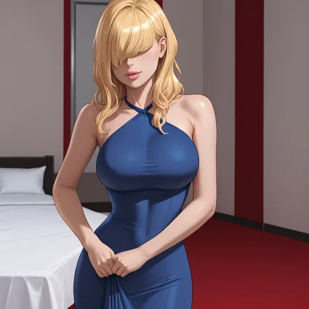 <lora:rachelfoleyresidentevil_pony_v1:.7> RachelFoley, 1girl, large breasts, blonde hair, long hair, lips, hair over eyes, hair over one eye, cowboy shot, <lora:0932 Home wear 9_v1_pony:1> ruanyi0932,blue dress,halter dress,sleeveless,cowboy shot,taut dress,skin tight,long dress