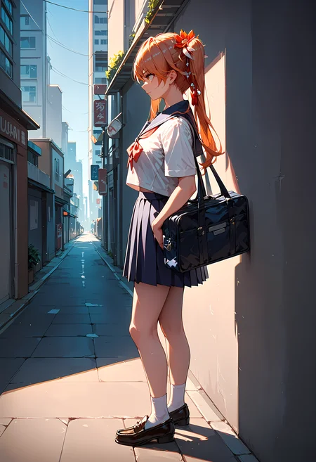 (score_9, score_8_up, score_7_up), 1girl, solo, guinaifen, school uniform, loafers, school bag, standing, city street, from side, <lora:guinaifen-strPO-v1b:0.9>