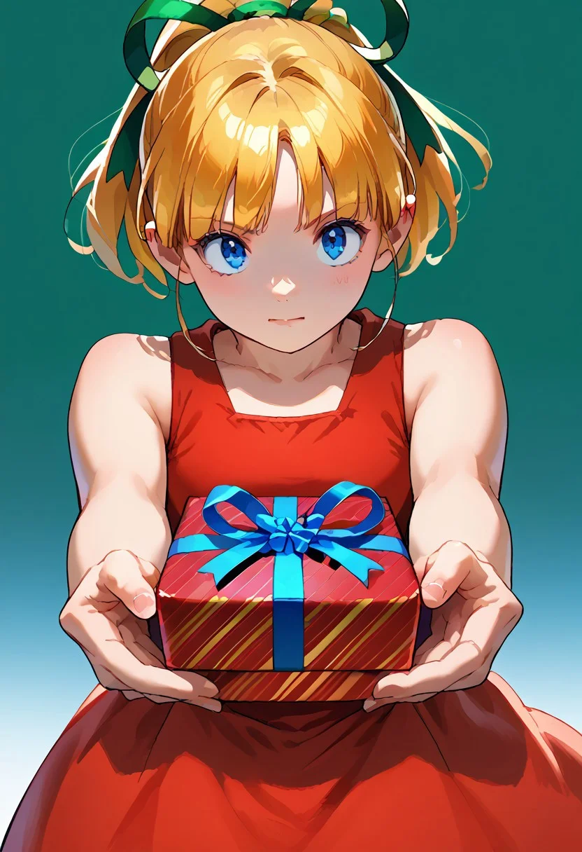 score_8, score_8_up, score_7_up, source_anime, 1girl, female focus, solo, Roll, 1girl, blue eyes, blonde hair ponytail, green ribbon in hair, red dress, bare shoulders, sleeveless dress, incoming gift, outstretched arms, holding, holding gift, gift, gift box,