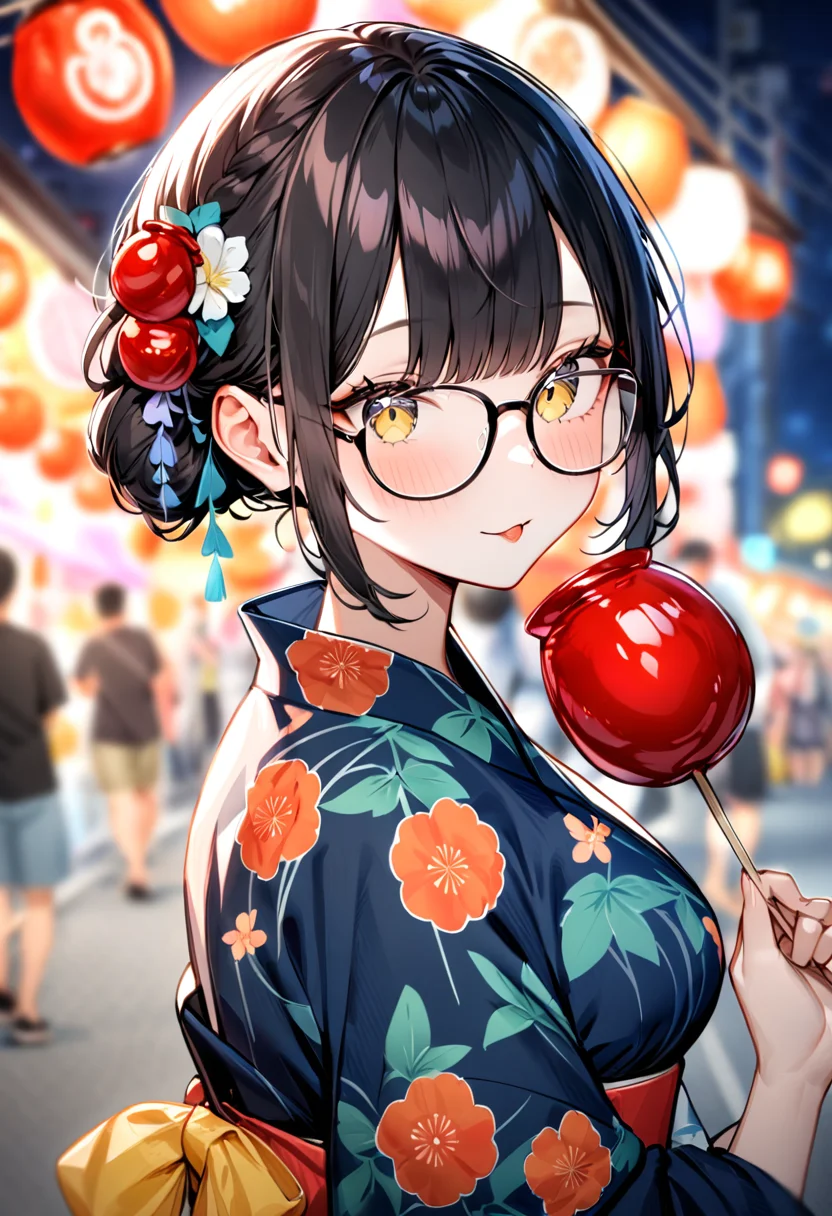 masterpiece, best quality, very aesthetic, absurdres,
ringoame, 1girl, glasses, food, black hair, yukata, floral print, candy apple, hair ornament, looking at viewer, hair flower, holding food, upper body, holding, outdoors, bangs, blurry background, night, summer, paper fan, uchiwa, paper lantern,
<lora:ringoame_SDXL_V1:1>