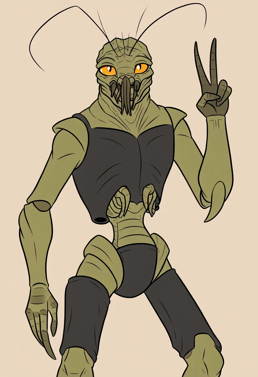 <lora:FlatColor:1.2> flat color,
<lora:Prawn_-_District_9__Pony:0.85> monster, no humans, alien, antennae, v sign,