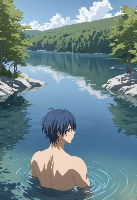 Anime Style, easynegative, detailed_eye_model, Highres, Masterpiece, High Quality, 4K, 8K, solo, 1boy, Tomoya Okazaki, Deep Blue Eyes, Grey Blue Hair, natural lake, clear water, calm water, trees, rocks, wood, clear sky, swimming, happy, calm, shirtless, clothes by the lake