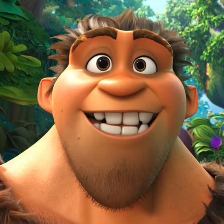 Grug, 1boy, short hair, facial hair, bara, musuclar, thick eyebrows, chest hair, brown hair, stubble, pectorals, brown eyes, arm hair, leg hair, sleeveless, tattered tunic, furry top, brown fur, caveman, broad shoulders, forest, smile, solo, muscular, wide shoulders, 4k, hi res, ((detailed face, (detailed eyes:1.0), detailed)), large build, crooked teeth, close up, portrait, detailed face, detailed eyes, face shot,