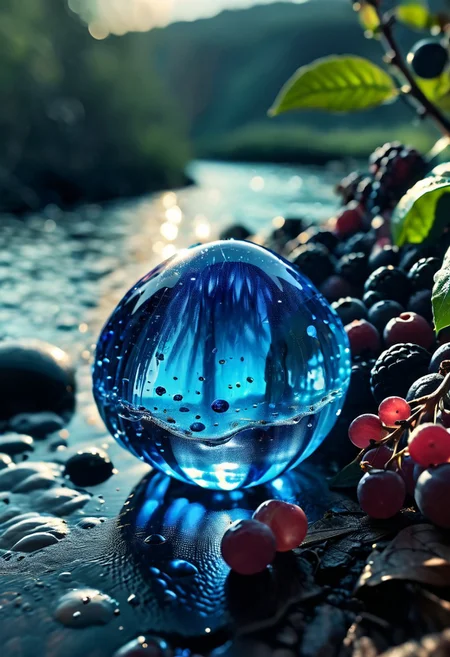 (8k analog nature photography:1.2), (a beautiful landscape:1.1) Extreme realism,  Insanely realistic, with a river in the distance, shiny sapphire (crystal:1.2) berries ,<lora:Bio-Luminescence:1> bioluminescent, glowing, focus on the fruit.  bioluminescent, glowing, detailed , detailed style, perfect