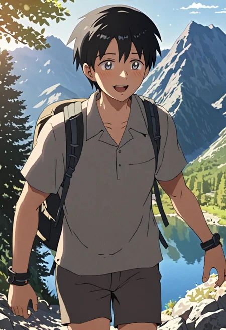 Highres, Masterpiece, High Quality, 4K, 8K, solo, 1Boy, Takaki Toono, adult, black hair, short hair, hiking gear, mountains, lakes, hiking trails, hot sun, hot weather, cool breeze, excited, stepping, happy, amazed, sweat drops, trees, rocks, easynegative, detailed_eye_model