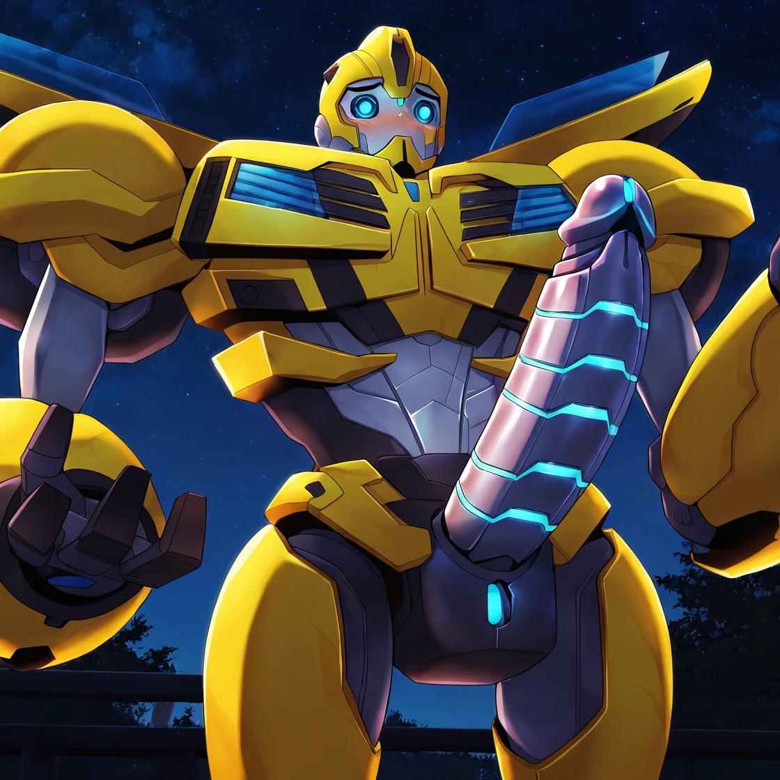 <lora:Bee:1> bee, robot, blue pupils, mecha, solo, 1boy, huge neon penis, shrugging, masterpiece, absurdres, dark, night sky, view from below, blushing, covering own eyes