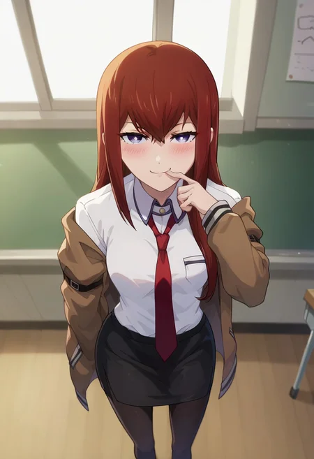 score_9,score_8_up,score_7_up,source_anime,anime screencap, nsfw, dark, ambient lighting,
pov,looking at viewer,from above,
rating_explicit,
Makise_Kurisu, white shirt, brown jacket, red tie, pencil skirt, tights,
eye lid,
half-closed eyes, smirk, smug,blush,
:p, finger to mouth,
blurry background,indoor, classroom