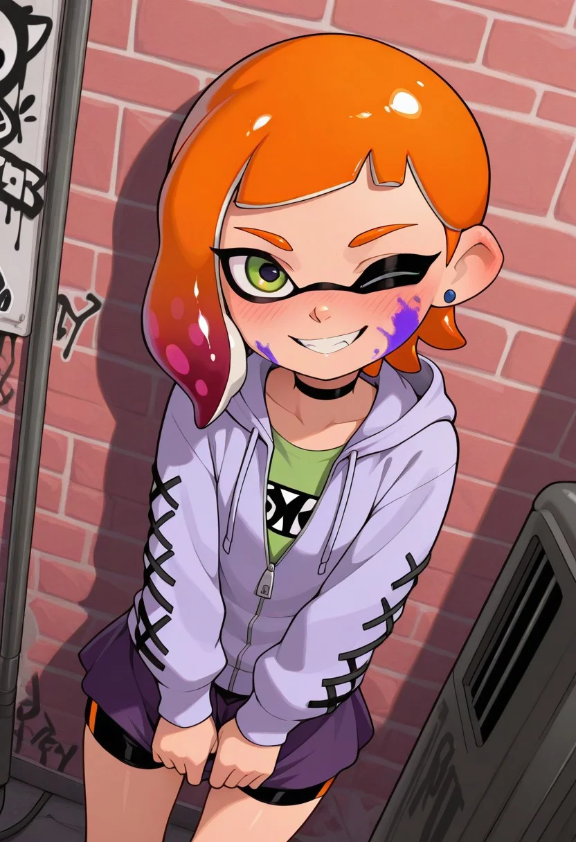 masterpiece, best quality, amazing quality, very aesthetic, high resolution, ultra-detailed, absurdres, newest,
Gwendolyn_Tennyson, 1girl, solo, blushing, looking at viewer, ;), grin, fit, beautiful, inkling, gradient hair, cowboy shot, dynamic angle,
<lora:GwenTen-Illus-13:1>
posing, looking at viewer, black choker, cross-laced clothes, cross-laced sleeves, drawstring, green shirt, hood down, hooded jacket, long sleeves, purple jacket, purple skirt, zipper, zipper pull tab, black shorts, shorts under skirt, paint stains on clothes, paint splatter, spray paint, outdoors, sunny, alley, brick wall, graffiti
