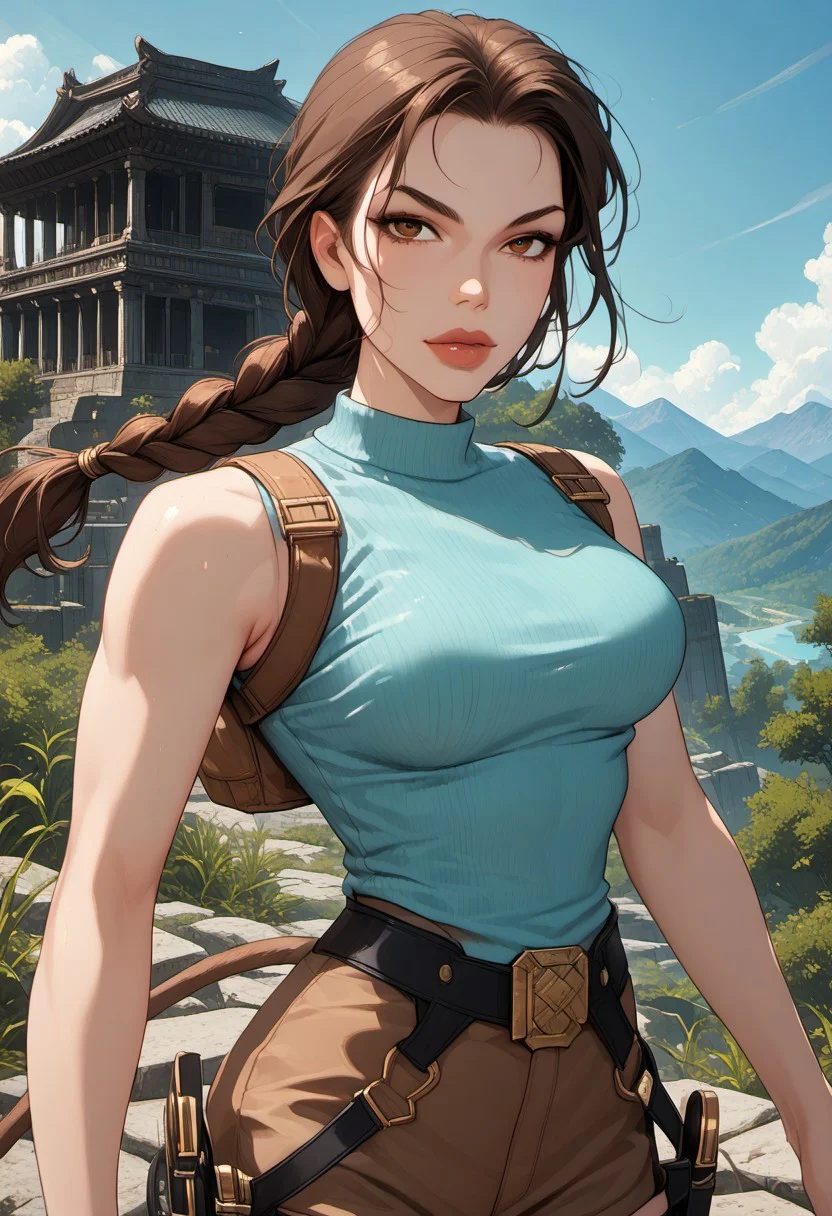 ((zPDXL3)), score_9, score_8_up, score_8, (sexy:2.5), Fantasy, perfecteyes, ultra detailed, high resolution, high quality, masterpiece, intricate details, intricate body, intricate landscape, knva, Expressiveh, European Instagram Model, upper body shot, low light, temple, mountaintop temple,
BREAK
Character: 1girl, solo, source_cartoon, mature female, TRLCLAS, brown hair, brown eyes, single braid, lips, teal tanktop, large breasts, sleeveless, shoulder strap, brown shorts, thigh holster,
Character Pose: confident stance, cocked hip, cowboy shot, beautiful, full lips, looking at viewer, closed mouth,
<lora:4th_tail_v0.3_lora_extract_l:0.60>