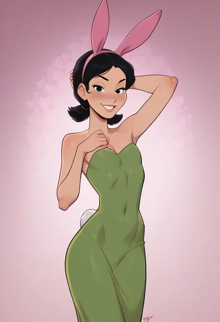 score_9, score_8_up, score_7_up, score_6_up, score_5_up, source_cartoon highly detailed, lighting and shadowing, high res, (((<lora:Aeolus06:1> aeolus06)))
1girl, Louise, bunny hat, green dress, black hair, twin tails, (((bratty, sissy))
((suggestive pose)), ((naughty expression)), mischievous look,
sexy pose, sexy posing, dynamic angle, slim thick, tight body,
(((detailed background))), girly bedroom