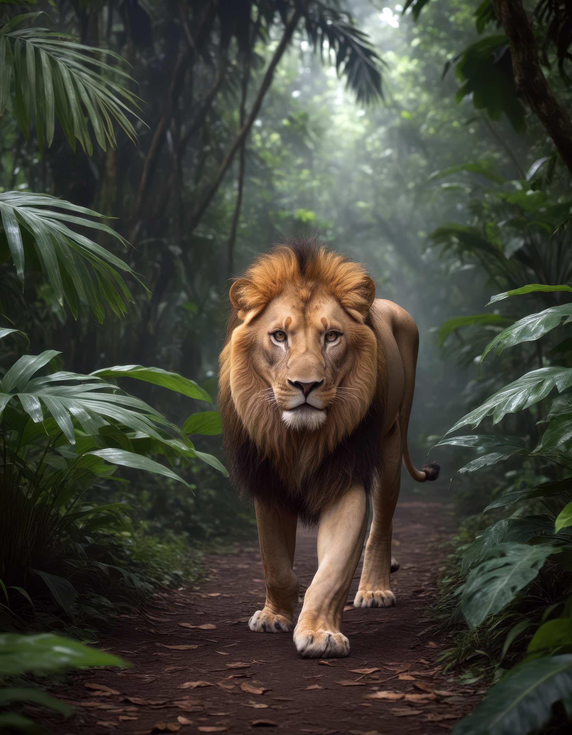 8k, realistic, high-resolution photograph of a lion walking toward the camera, behind leafs, deep jungle, greenery, south american, dark, sharp