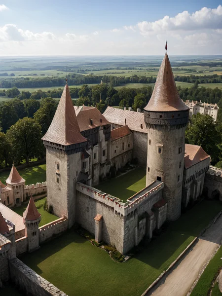 Hyperrealistic art overall view of the château manor house and town castle outdoor <lora:polyhedron_god rays-000007:0.6> <lora:Castle_manor:1.4> . Extremely high-resolution details, photographic, realism pushed to extreme, fine texture, incredibly lifelike