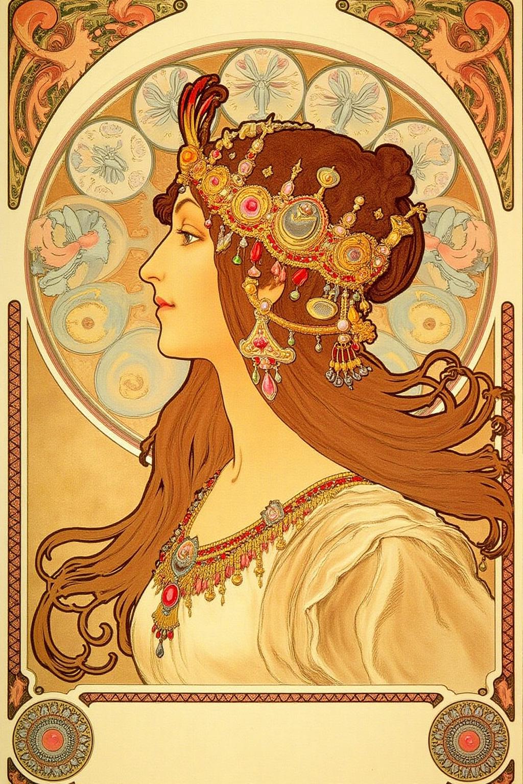 mucha1 illustration
Profile portrait of a woman. The artwork is rendered in a warm, earthy palette with shades of beige, gold, and pink. The subject, a woman with long, wavy brown hair cascading down her back, is adorned with a luxurious headpiece. The headpiece is intricate, featuring a combination of gold, red, and pink elements including floral and geometric patterns. <lora:mucha1_cap_d6a3e11:1.0><lora:822883032315842396:0>