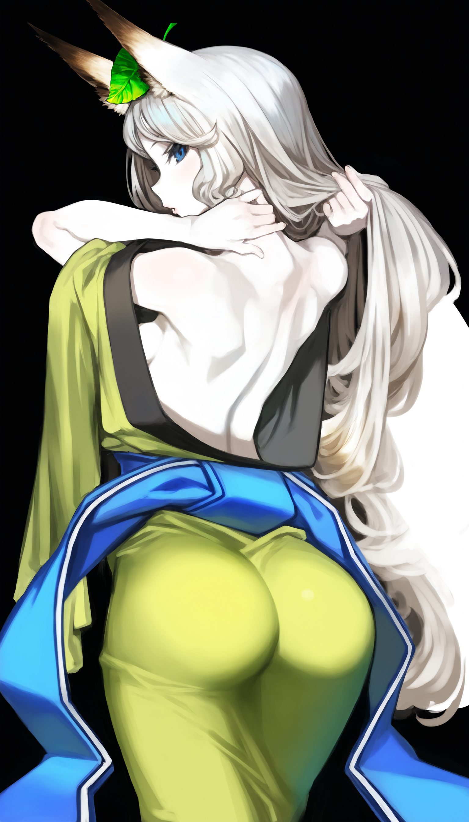 masterpiece,best quality,amazing quality,
<lora:yuzuruhaNAI:1>,yuzuruha,
1girl,solo,pale skin,white hair,long hair,wavy hair,bangs,fox ears,a green leaf on head,blue eyes,looking at viewer,parted lips,topless,green kimono,blue obi belt,cowboy shot,back view,sitting,right hand adjusting hair,black background,