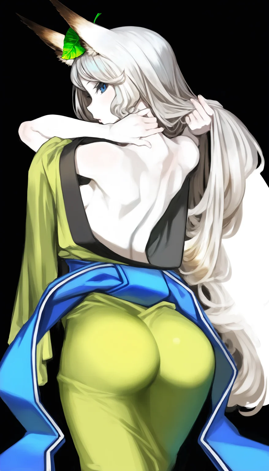masterpiece,best quality,amazing quality,
<lora:yuzuruhaNAI:1>,yuzuruha,
1girl,solo,pale skin,white hair,long hair,wavy hair,bangs,fox ears,a green leaf on head,blue eyes,looking at viewer,parted lips,topless,green kimono,blue obi belt,cowboy shot,back view,sitting,right hand adjusting hair,black background,